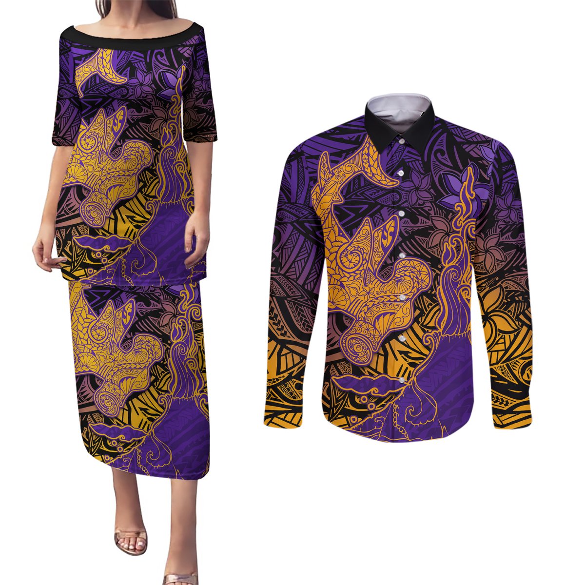 Hawaiian Volcano and Shark Couples Matching Puletasi and Long Sleeve Button Shirt Polynesian and Hibiscus Pattern Purple Yellow Gradient