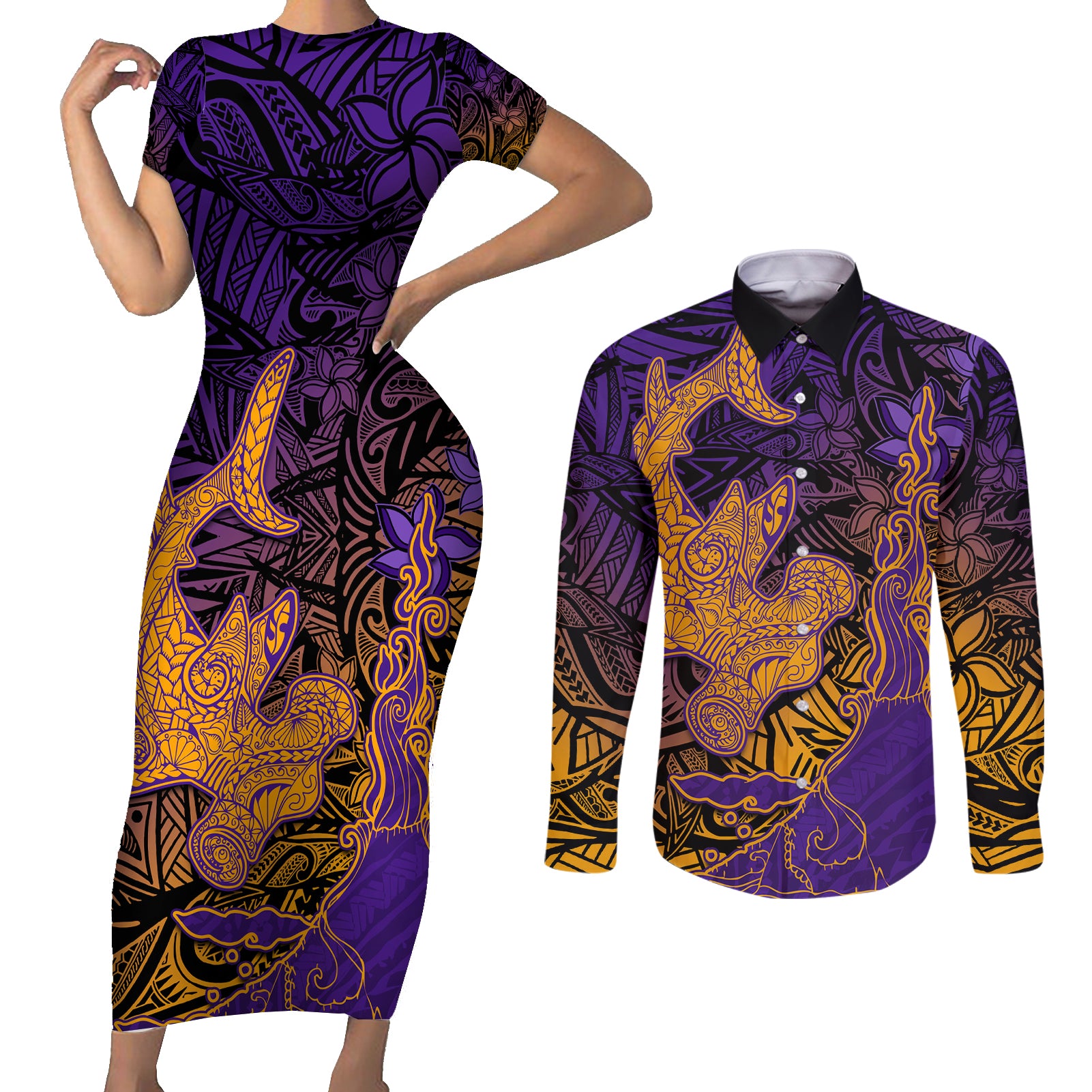 Hawaiian Volcano and Shark Couples Matching Short Sleeve Bodycon Dress and Long Sleeve Button Shirt Polynesian and Hibiscus Pattern Purple Yellow Gradient