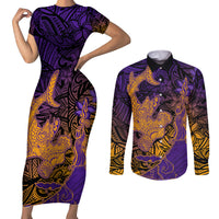Hawaiian Volcano and Shark Couples Matching Short Sleeve Bodycon Dress and Long Sleeve Button Shirt Polynesian and Hibiscus Pattern Purple Yellow Gradient