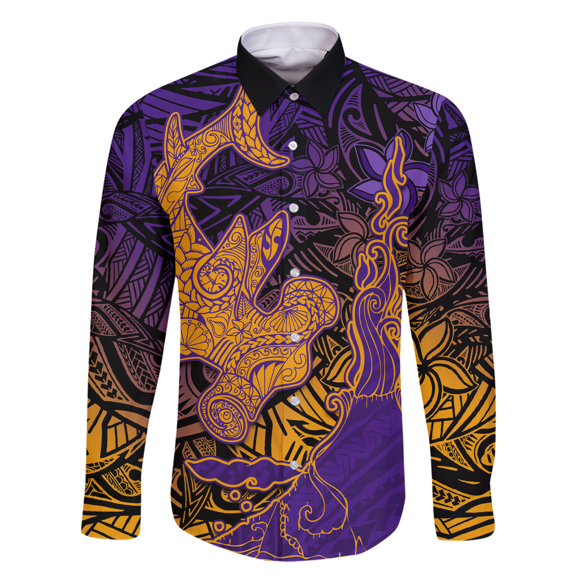 Hawaiian Volcano and Shark Family Matching Long Sleeve Bodycon Dress and Hawaiian Shirt Polynesian and Hibiscus Pattern Purple Yellow Gradient