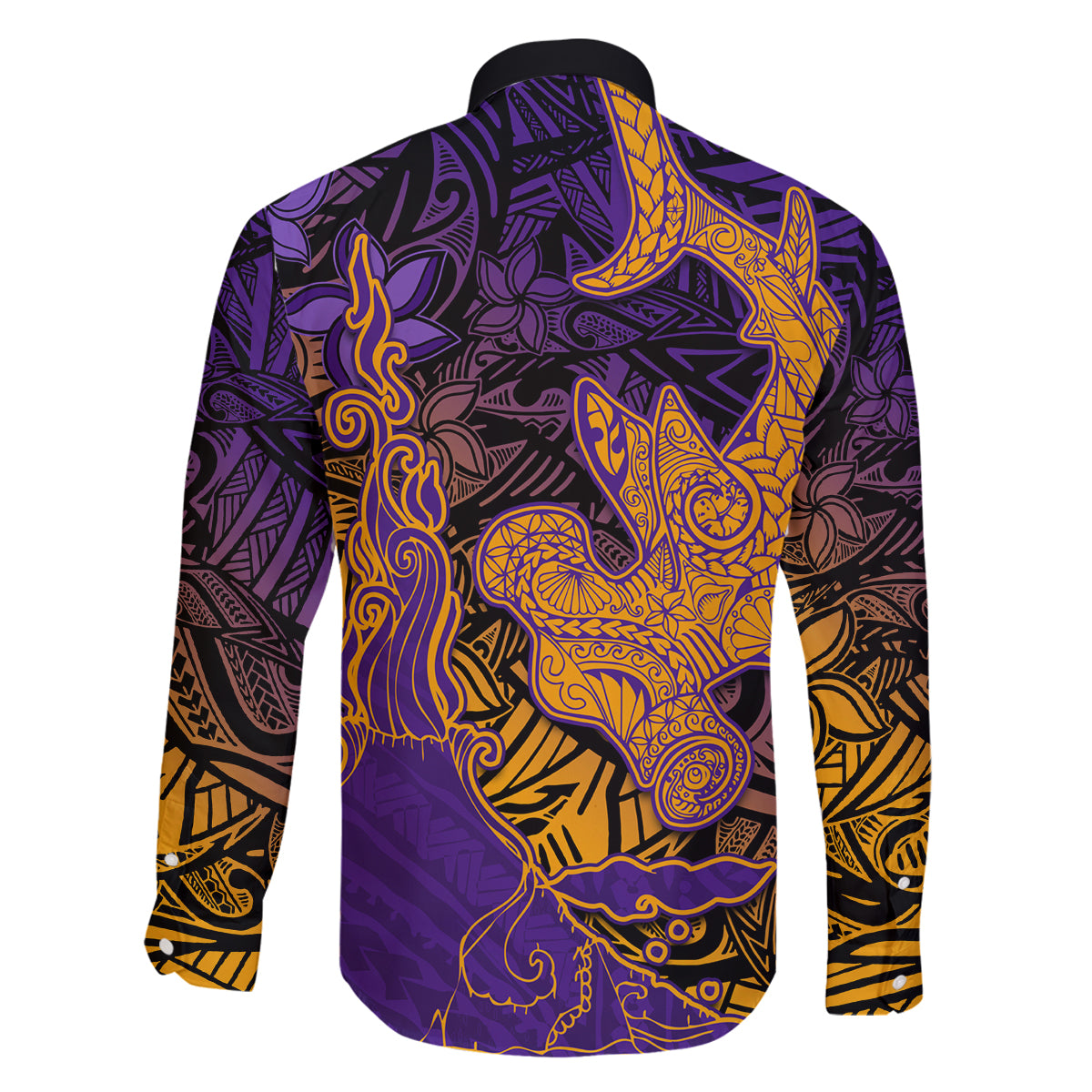 Hawaiian Volcano and Shark Family Matching Long Sleeve Bodycon Dress and Hawaiian Shirt Polynesian and Hibiscus Pattern Purple Yellow Gradient
