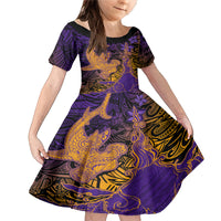 Hawaiian Volcano and Shark Family Matching Mermaid Dress and Hawaiian Shirt Polynesian and Hibiscus Pattern Purple Yellow Gradient