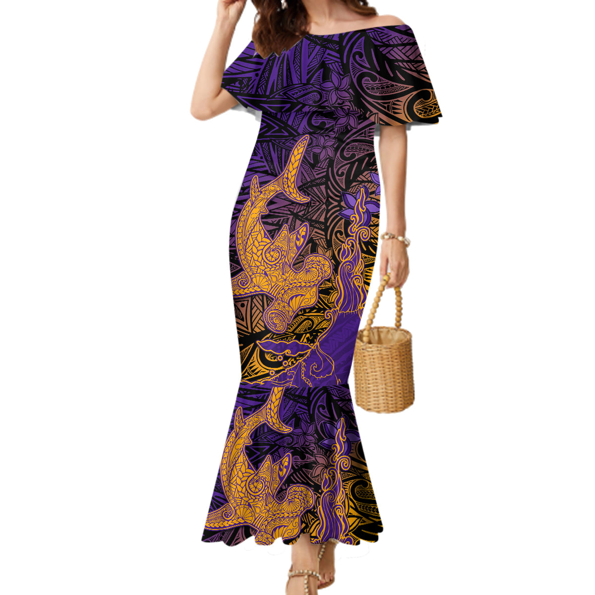 Hawaiian Volcano and Shark Family Matching Mermaid Dress and Hawaiian Shirt Polynesian and Hibiscus Pattern Purple Yellow Gradient