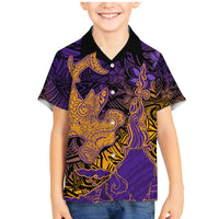 Hawaiian Volcano and Shark Family Matching Mermaid Dress and Hawaiian Shirt Polynesian and Hibiscus Pattern Purple Yellow Gradient