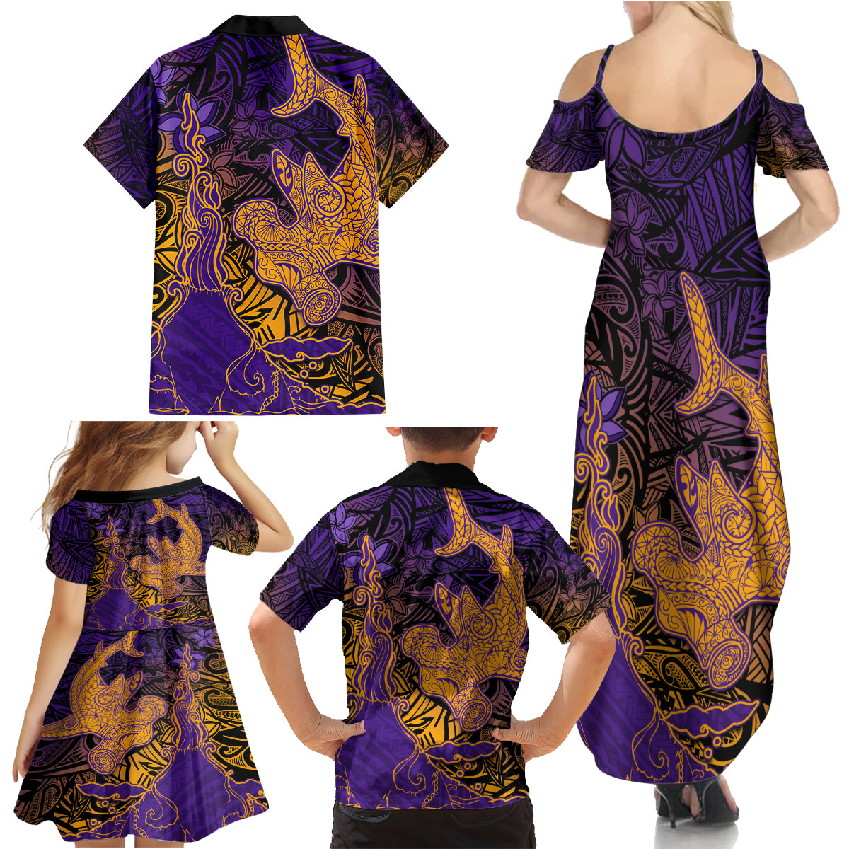 Hawaiian Volcano and Shark Family Matching Summer Maxi Dress and Hawaiian Shirt Polynesian and Hibiscus Pattern Purple Yellow Gradient