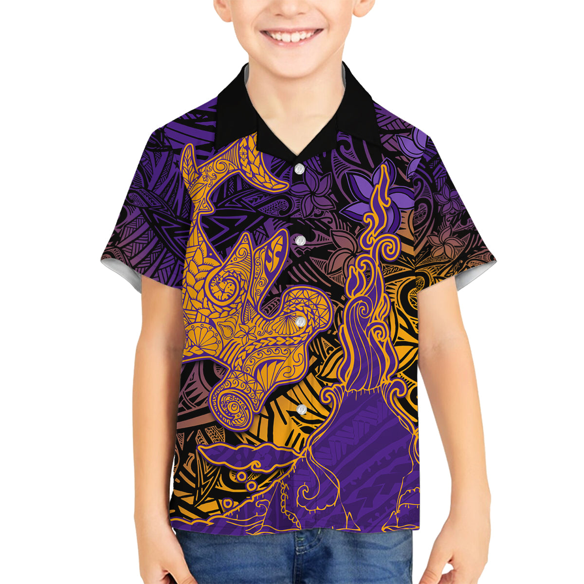 Hawaiian Volcano and Shark Family Matching Tank Maxi Dress and Hawaiian Shirt Polynesian and Hibiscus Pattern Purple Yellow Gradient