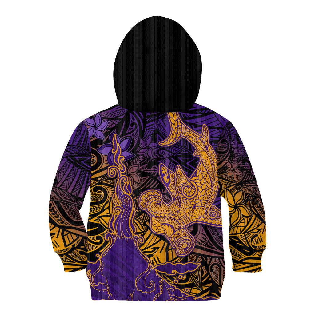 Hawaiian Volcano and Shark Kid Hoodie Polynesian and Hibiscus Pattern Purple Yellow Gradient
