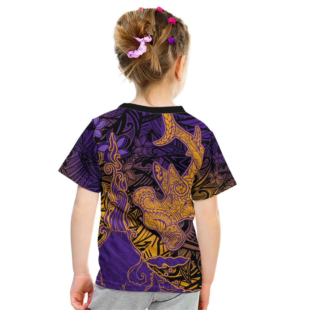 Hawaiian Volcano and Shark Kid T Shirt Polynesian and Hibiscus Pattern Purple Yellow Gradient LT03 - Polynesian Pride
