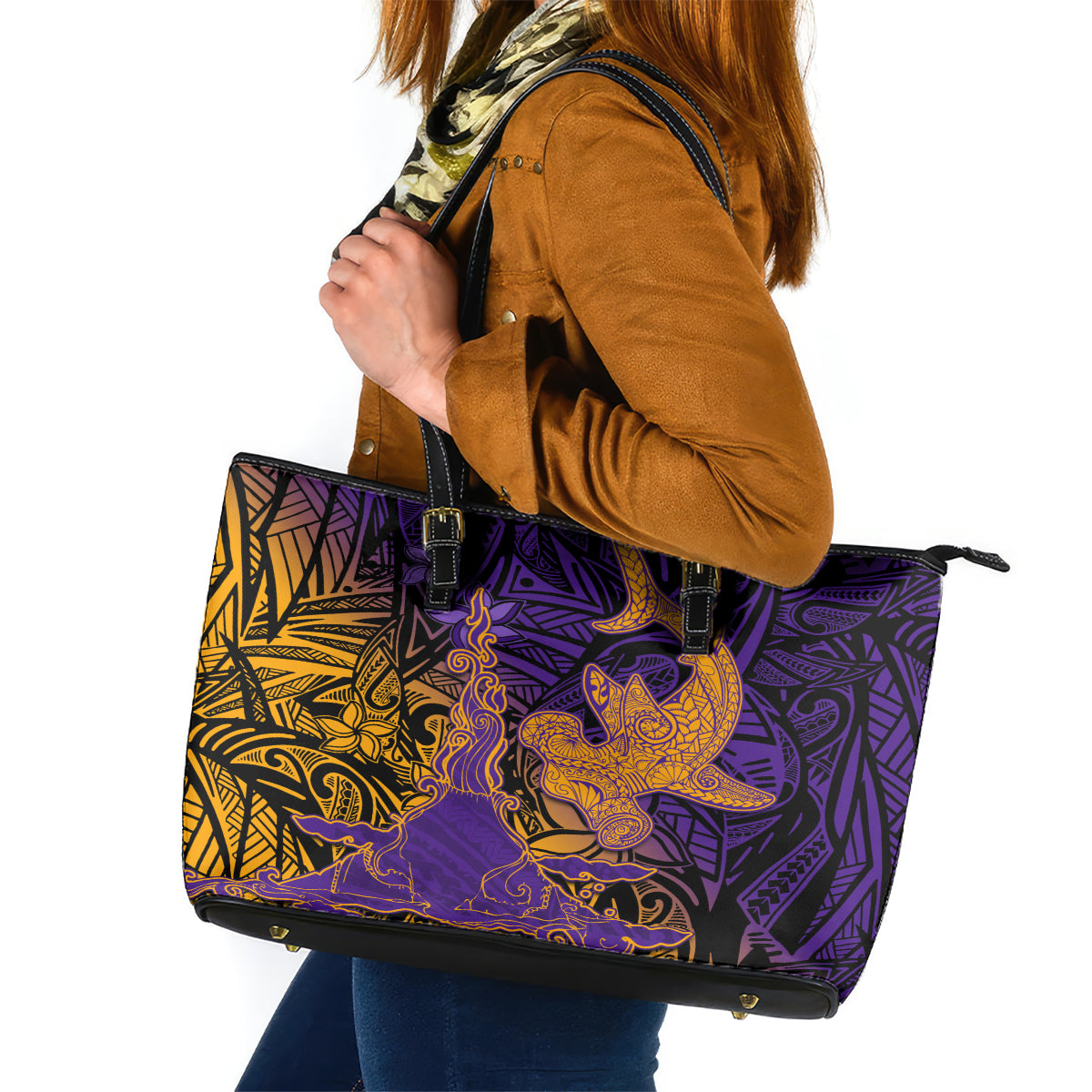 Hawaiian Volcano and Shark Leather Tote Bag Polynesian and Hibiscus Pattern Purple Yellow Gradient LT03 Purple - Polynesian Pride