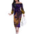 Hawaiian Volcano and Shark Off The Shoulder Long Sleeve Dress Polynesian and Hibiscus Pattern Purple Yellow Gradient