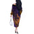 Hawaiian Volcano and Shark Off The Shoulder Long Sleeve Dress Polynesian and Hibiscus Pattern Purple Yellow Gradient