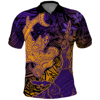 Hawaiian Volcano and Shark Polo Shirt Polynesian and Hibiscus Pattern Purple Yellow Gradient