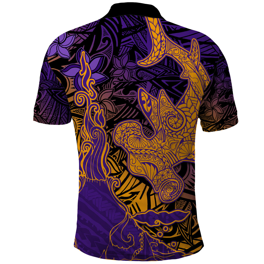 Hawaiian Volcano and Shark Polo Shirt Polynesian and Hibiscus Pattern Purple Yellow Gradient