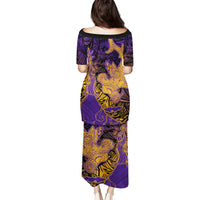 Hawaiian Volcano and Shark Puletasi Polynesian and Hibiscus Pattern Purple Yellow Gradient