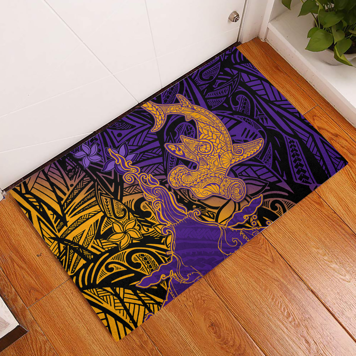Hawaiian Volcano and Shark Rubber Doormat Polynesian and Hibiscus Pattern Purple Yellow Gradient LT03 Purple - Polynesian Pride