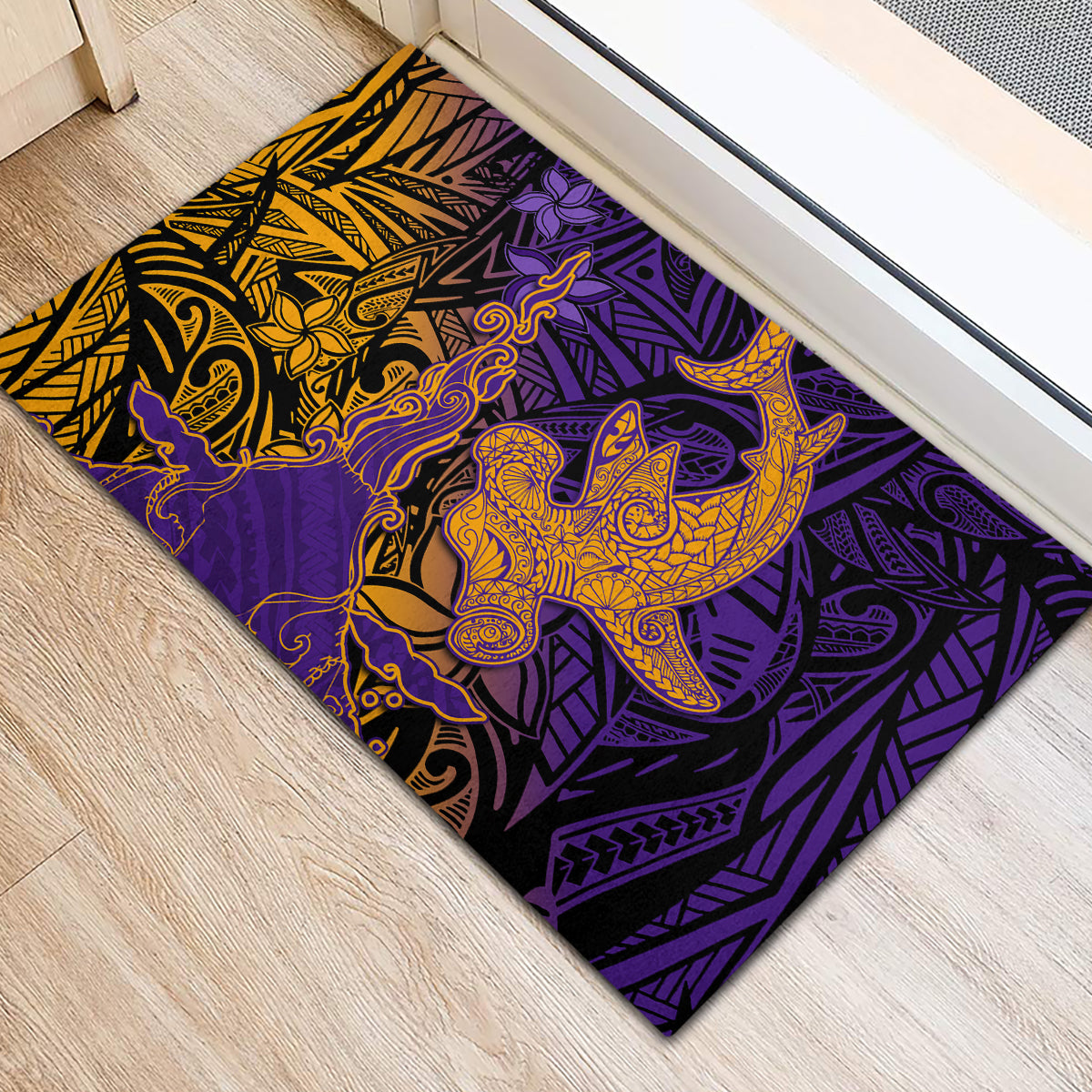 Hawaiian Volcano and Shark Rubber Doormat Polynesian and Hibiscus Pattern Purple Yellow Gradient LT03 - Polynesian Pride