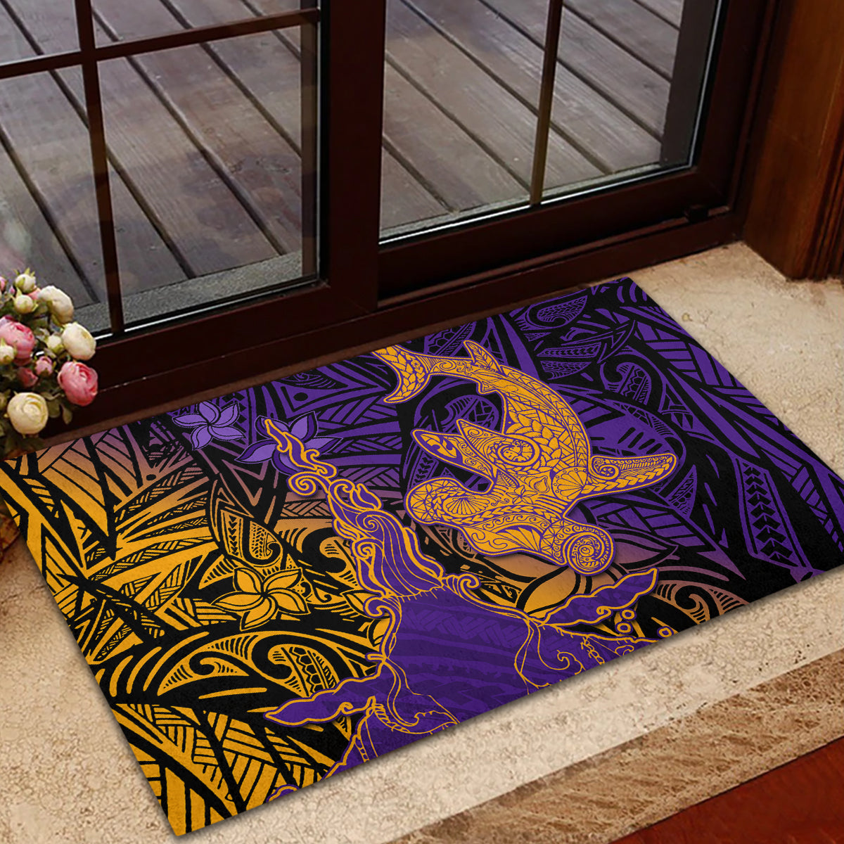Hawaiian Volcano and Shark Rubber Doormat Polynesian and Hibiscus Pattern Purple Yellow Gradient LT03 - Polynesian Pride