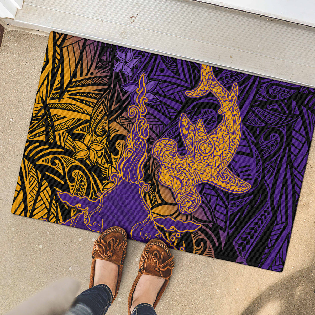 Hawaiian Volcano and Shark Rubber Doormat Polynesian and Hibiscus Pattern Purple Yellow Gradient LT03 - Polynesian Pride