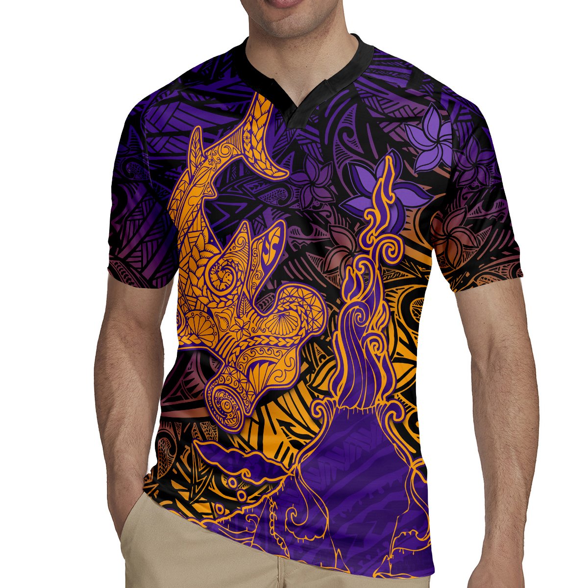 Hawaiian Volcano and Shark Rugby Jersey Polynesian and Hibiscus Pattern Purple Yellow Gradient LT03 - Polynesian Pride