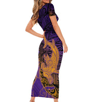Hawaiian Volcano and Shark Short Sleeve Bodycon Dress Polynesian and Hibiscus Pattern Purple Yellow Gradient