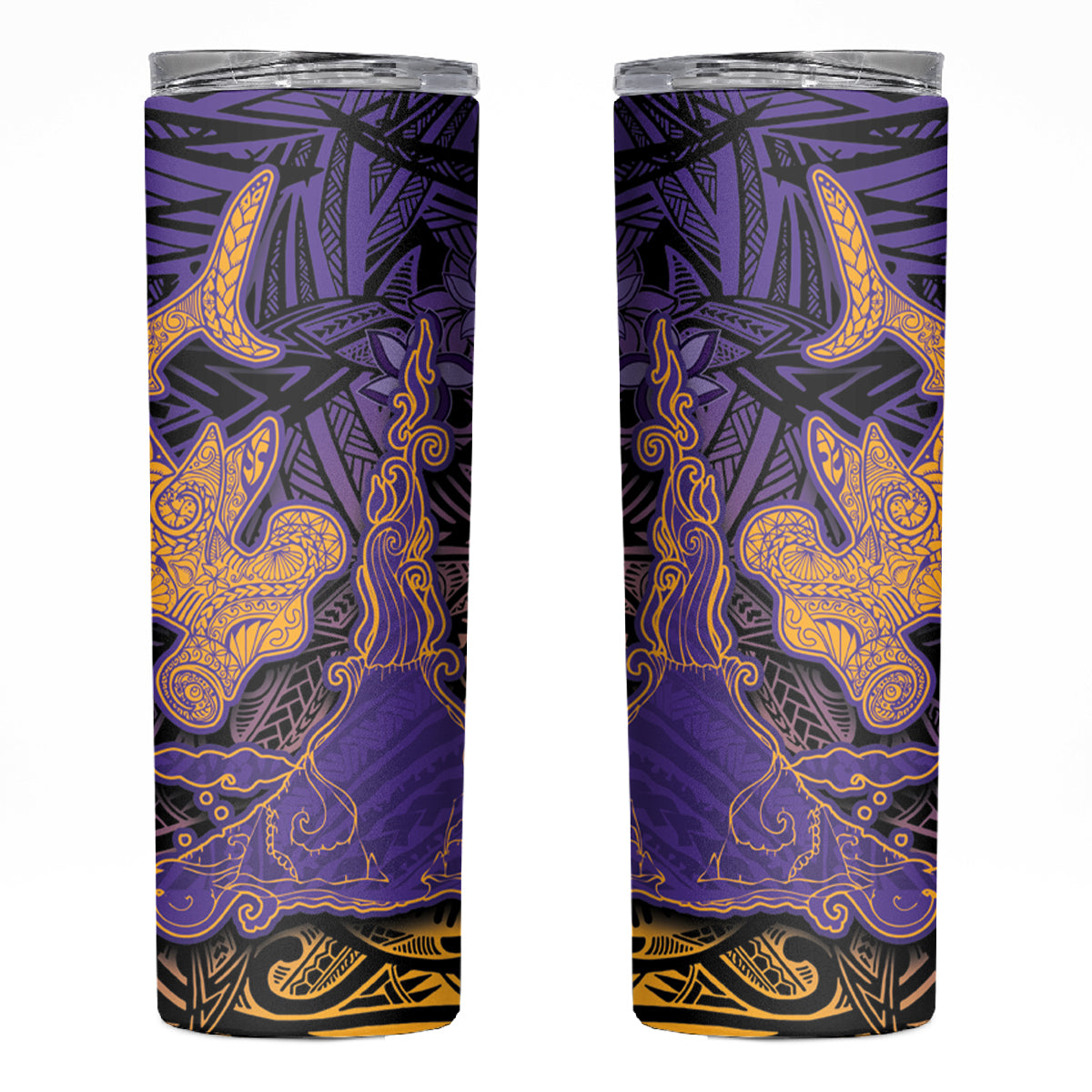 Hawaiian Volcano and Shark Skinny Tumbler Polynesian and Hibiscus Pattern Purple Yellow Gradient