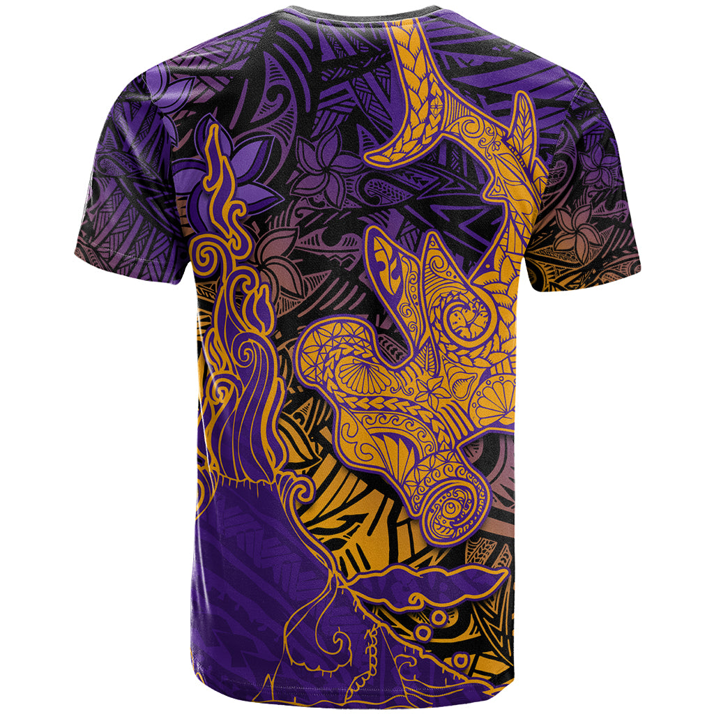 Hawaiian Volcano and Shark T Shirt Polynesian and Hibiscus Pattern Purple Yellow Gradient