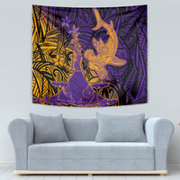 Hawaiian Volcano and Shark Tapestry Polynesian and Hibiscus Pattern Purple Yellow Gradient