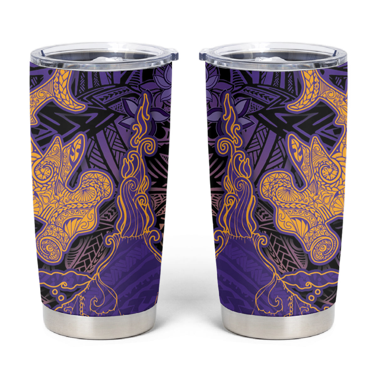 Hawaiian Volcano and Shark Tumbler Cup Polynesian and Hibiscus Pattern Purple Yellow Gradient