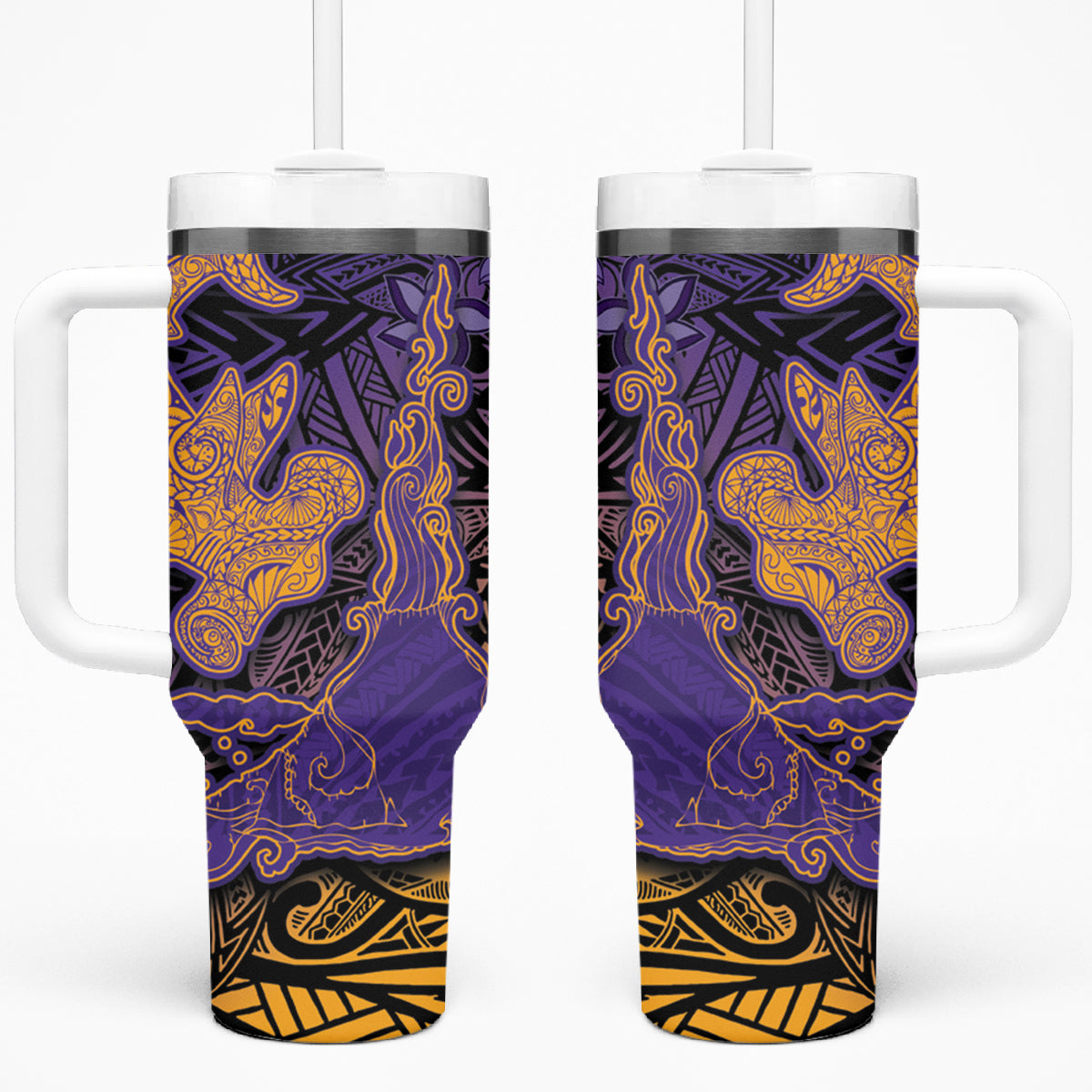 Hawaiian Volcano and Shark Tumbler With Handle Polynesian and Hibiscus Pattern Purple Yellow Gradient