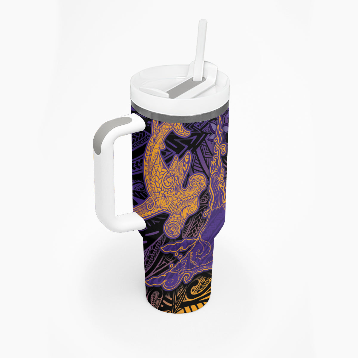 Hawaiian Volcano and Shark Tumbler With Handle Polynesian and Hibiscus Pattern Purple Yellow Gradient