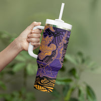 Hawaiian Volcano and Shark Tumbler With Handle Polynesian and Hibiscus Pattern Purple Yellow Gradient