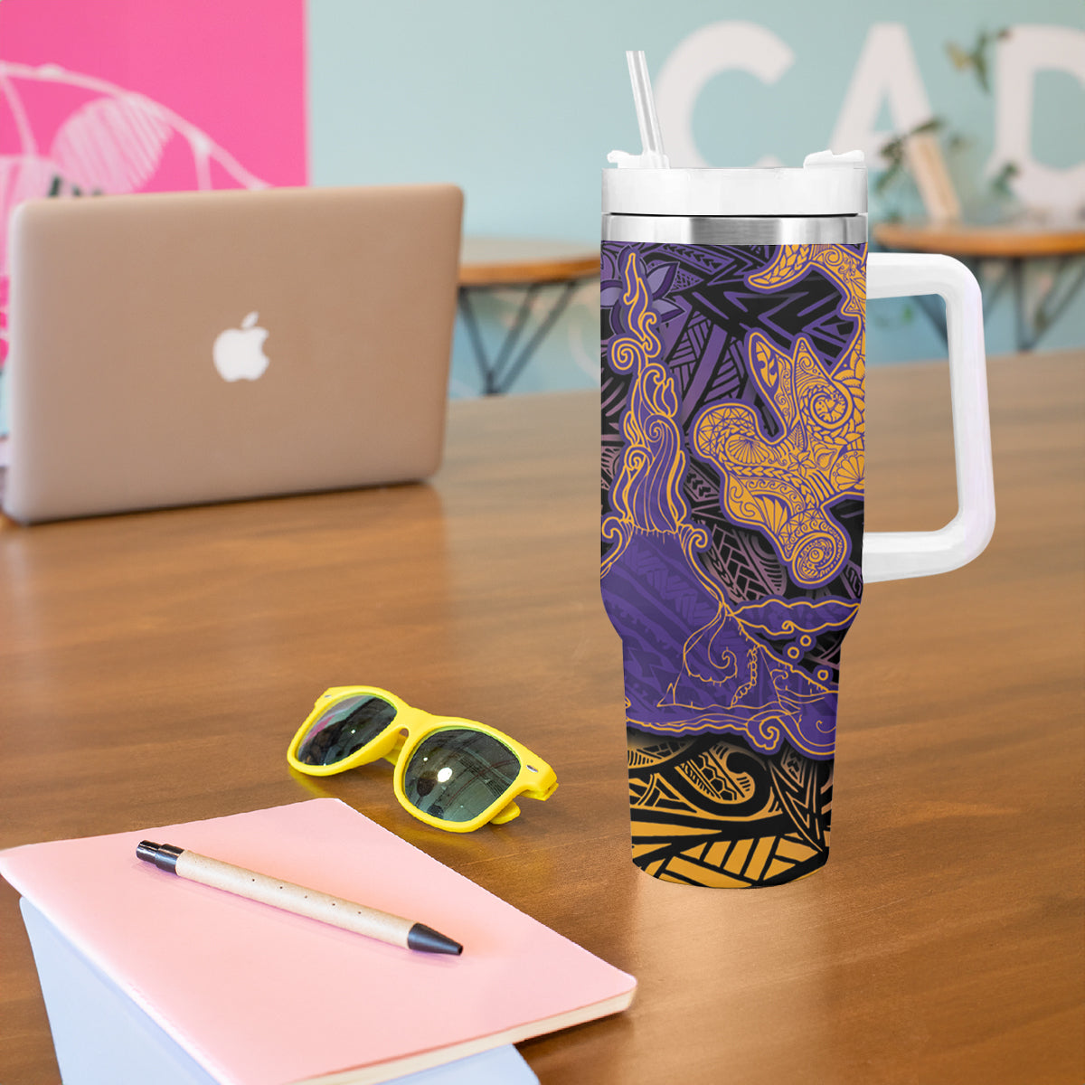 Hawaiian Volcano and Shark Tumbler With Handle Polynesian and Hibiscus Pattern Purple Yellow Gradient