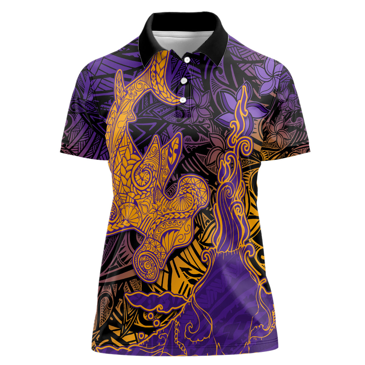 Hawaiian Volcano and Shark Women Polo Shirt Polynesian and Hibiscus Pattern Purple Yellow Gradient