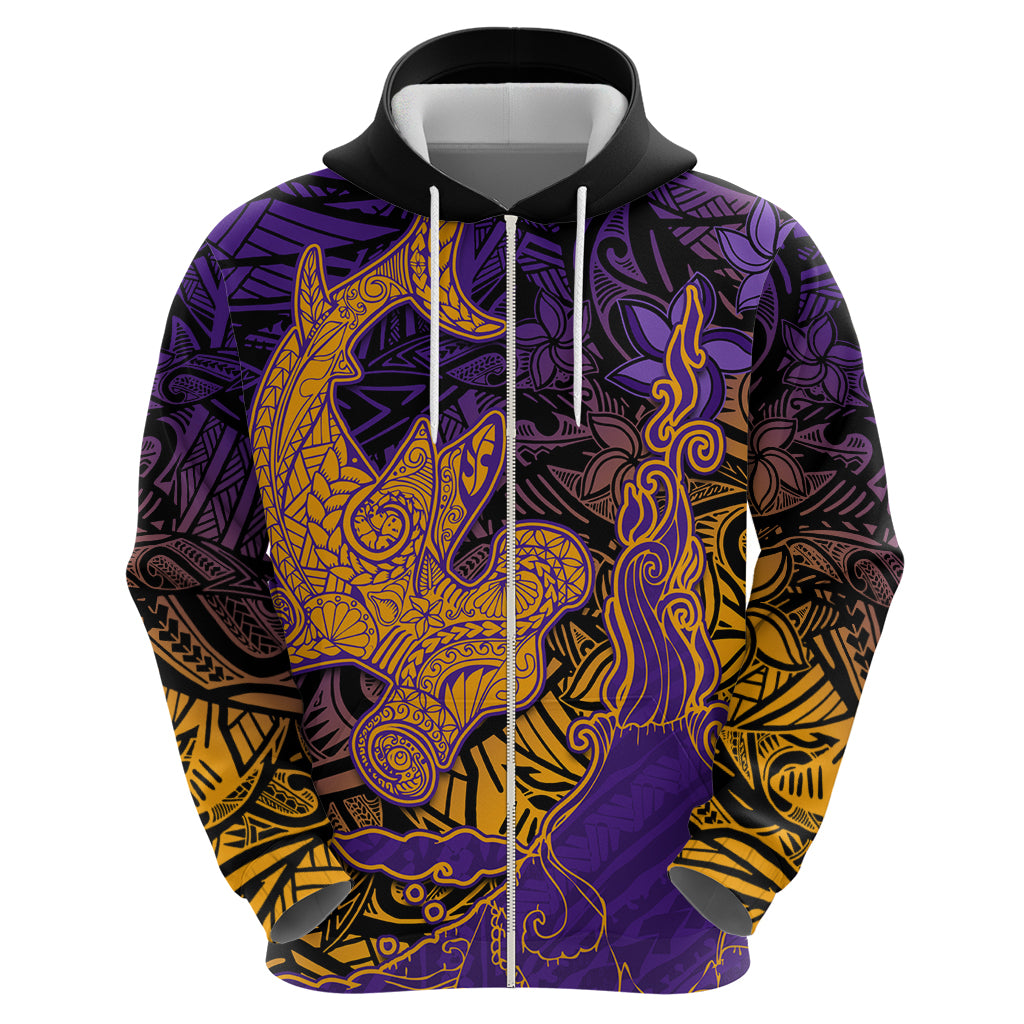 Hawaiian Volcano and Shark Zip Hoodie Polynesian and Hibiscus Pattern Purple Yellow Gradient