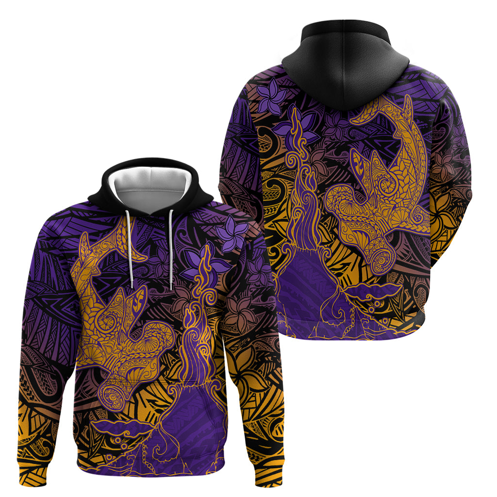 Hawaiian Volcano and Shark Zip Hoodie Polynesian and Hibiscus Pattern Purple Yellow Gradient