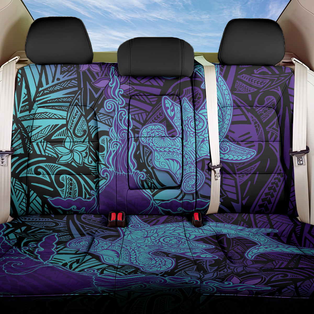 Hawaiian Volcano and Shark Back Car Seat Cover Polynesian and Hibiscus Pattern Purple Cyan Gradient