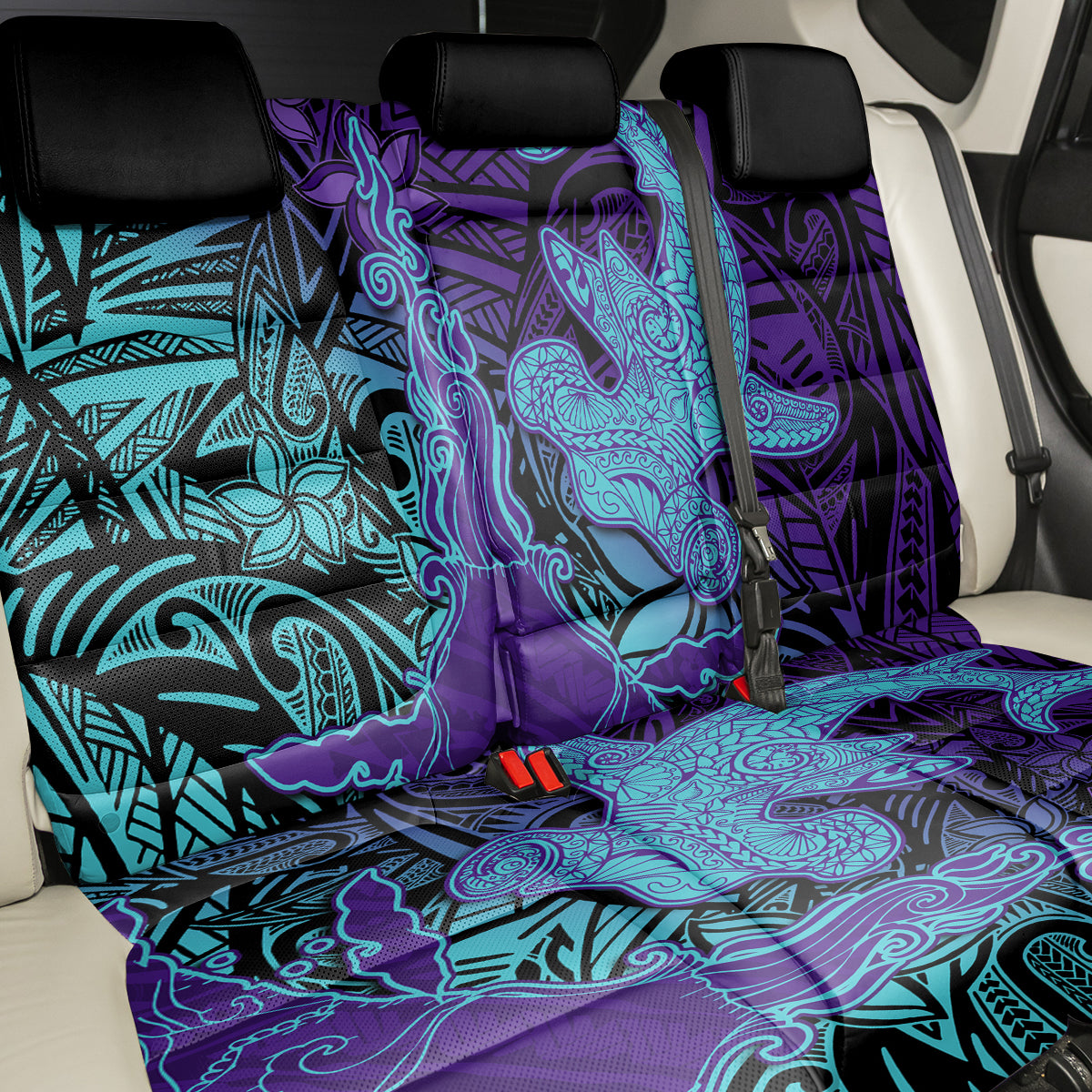 Hawaiian Volcano and Shark Back Car Seat Cover Polynesian and Hibiscus Pattern Purple Cyan Gradient