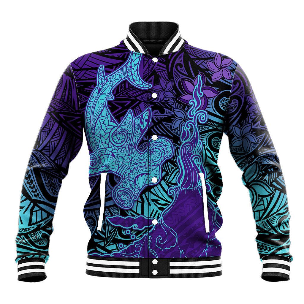 Hawaiian Volcano and Shark Baseball Jacket Polynesian and Hibiscus Pattern Purple Cyan Gradient LT03 Unisex Purple - Polynesian Pride