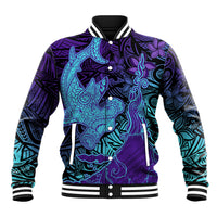 Hawaiian Volcano and Shark Baseball Jacket Polynesian and Hibiscus Pattern Purple Cyan Gradient LT03 Unisex Purple - Polynesian Pride