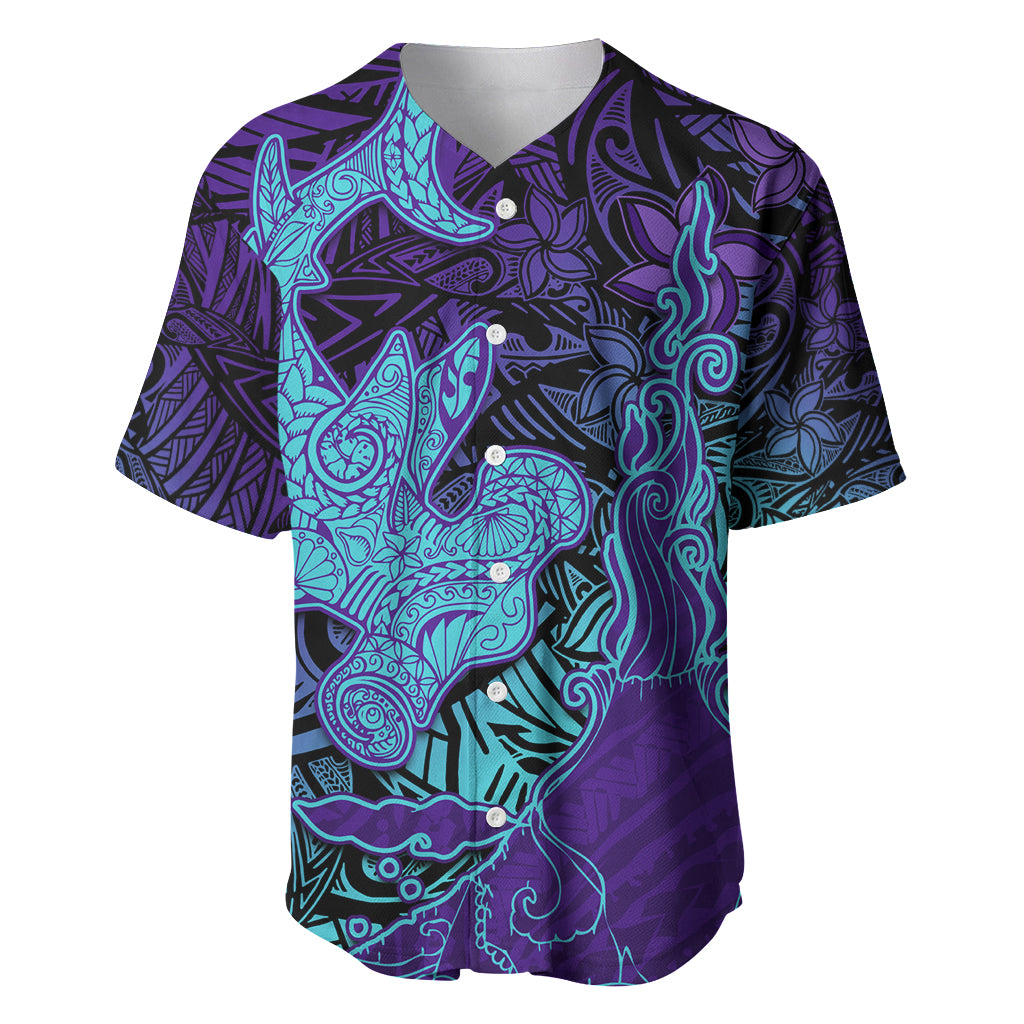 Hawaiian Volcano and Shark Baseball Jersey Polynesian and Hibiscus Pattern Purple Cyan Gradient LT03 Purple - Polynesian Pride