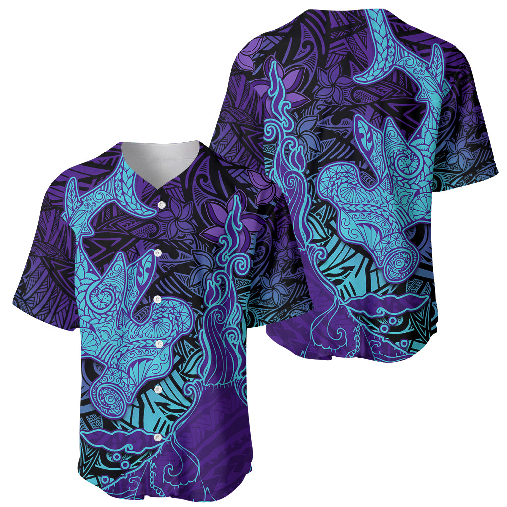 Hawaiian Volcano and Shark Baseball Jersey Polynesian and Hibiscus Pattern Purple Cyan Gradient LT03 - Polynesian Pride