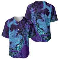 Hawaiian Volcano and Shark Baseball Jersey Polynesian and Hibiscus Pattern Purple Cyan Gradient LT03 - Polynesian Pride