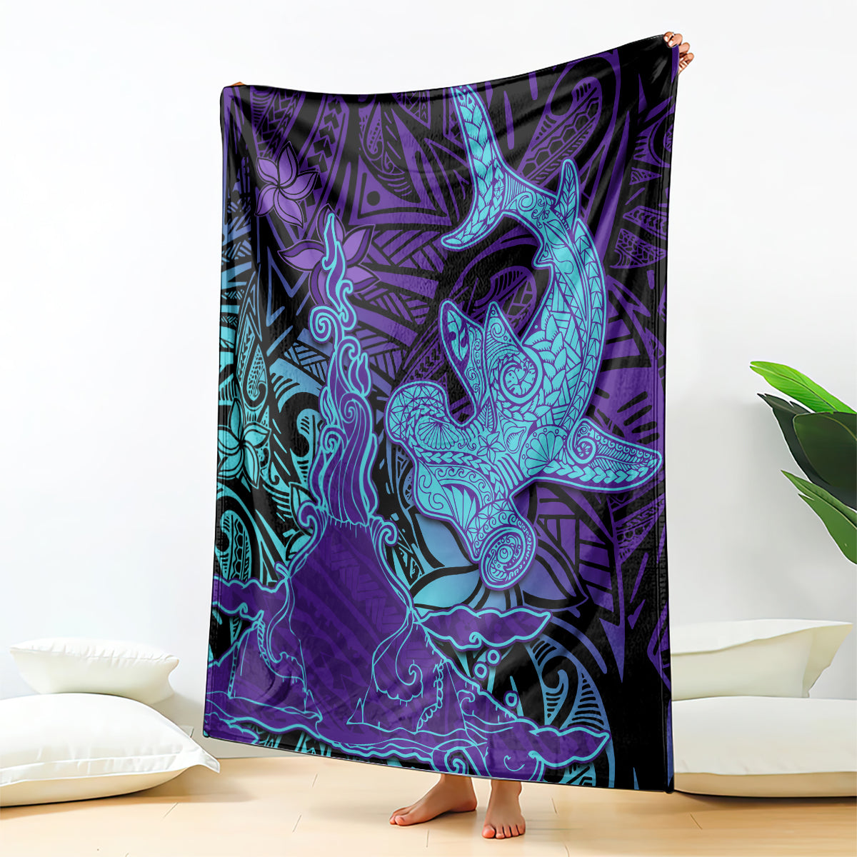 Hawaiian Volcano and Shark Blanket Polynesian and Hibiscus Pattern Purple Cyan Gradient LT03 - Polynesian Pride