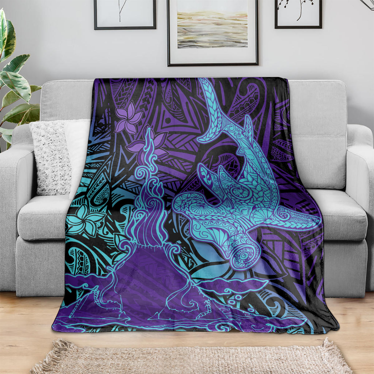 Hawaiian Volcano and Shark Blanket Polynesian and Hibiscus Pattern Purple Cyan Gradient LT03 - Polynesian Pride