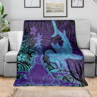 Hawaiian Volcano and Shark Blanket Polynesian and Hibiscus Pattern Purple Cyan Gradient LT03 - Polynesian Pride