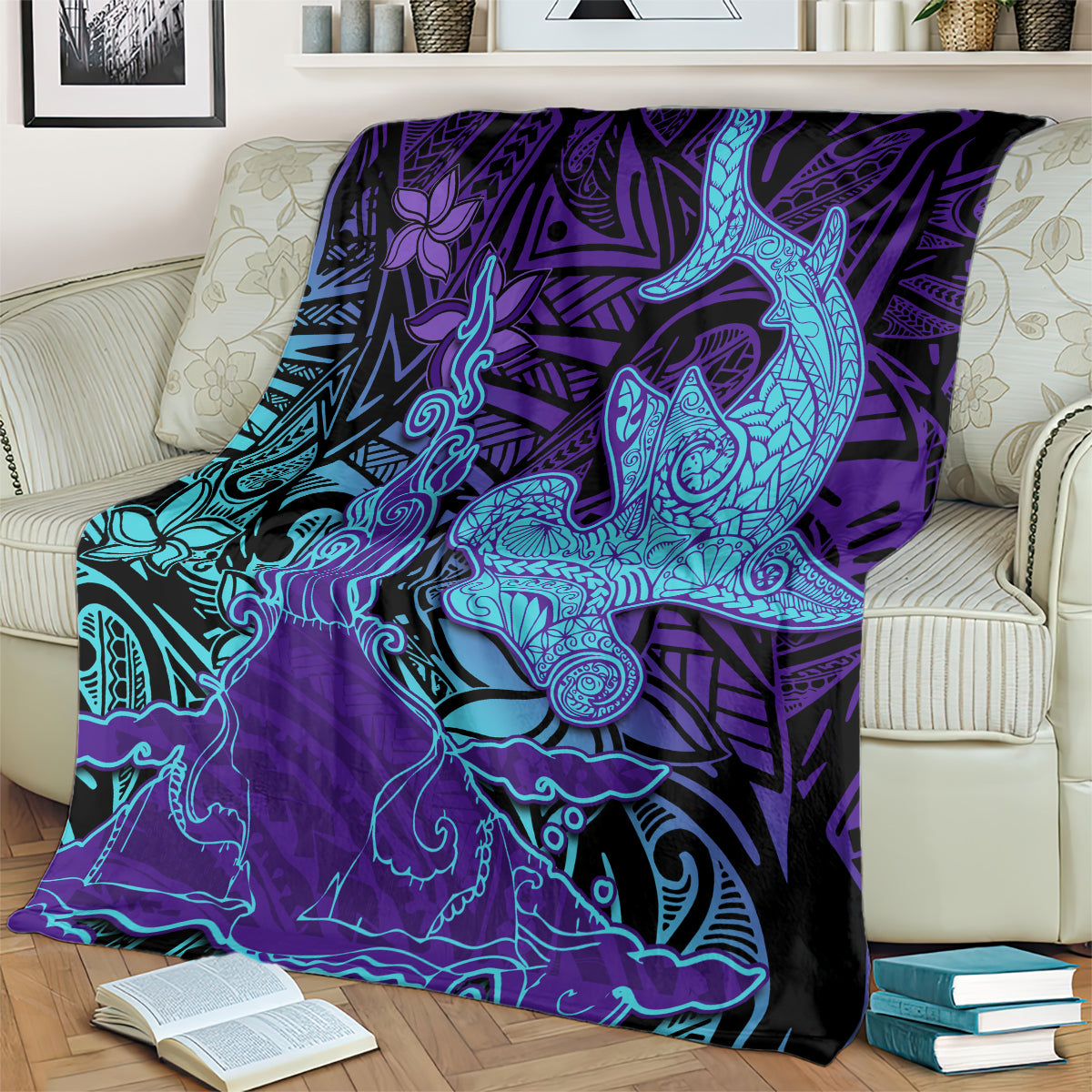Hawaiian Volcano and Shark Blanket Polynesian and Hibiscus Pattern Purple Cyan Gradient LT03 - Polynesian Pride