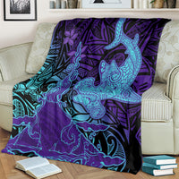 Hawaiian Volcano and Shark Blanket Polynesian and Hibiscus Pattern Purple Cyan Gradient LT03 - Polynesian Pride