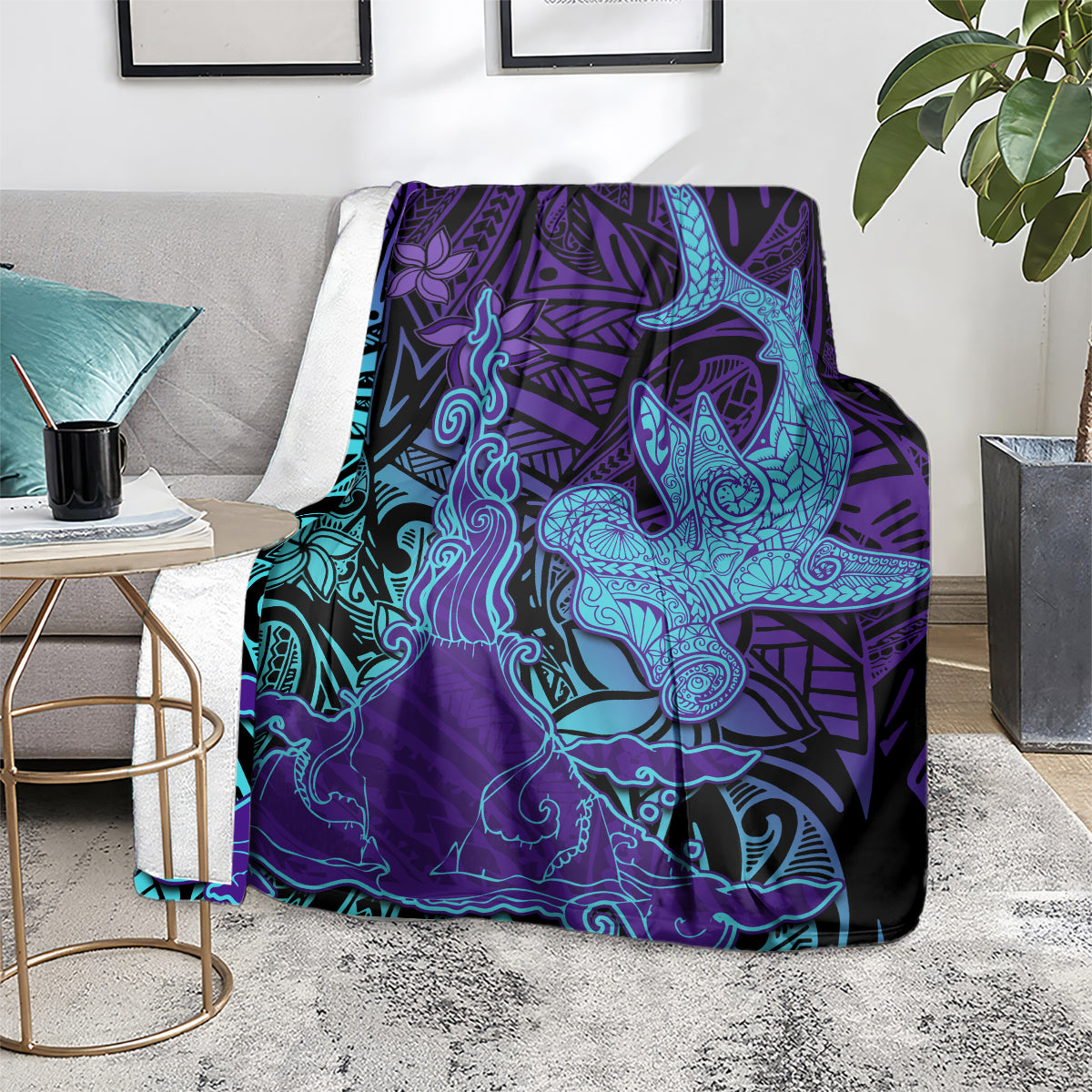 Hawaiian Volcano and Shark Blanket Polynesian and Hibiscus Pattern Purple Cyan Gradient LT03 - Polynesian Pride
