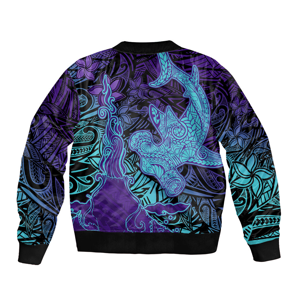Hawaiian Volcano and Shark Bomber Jacket Polynesian and Hibiscus Pattern Purple Cyan Gradient