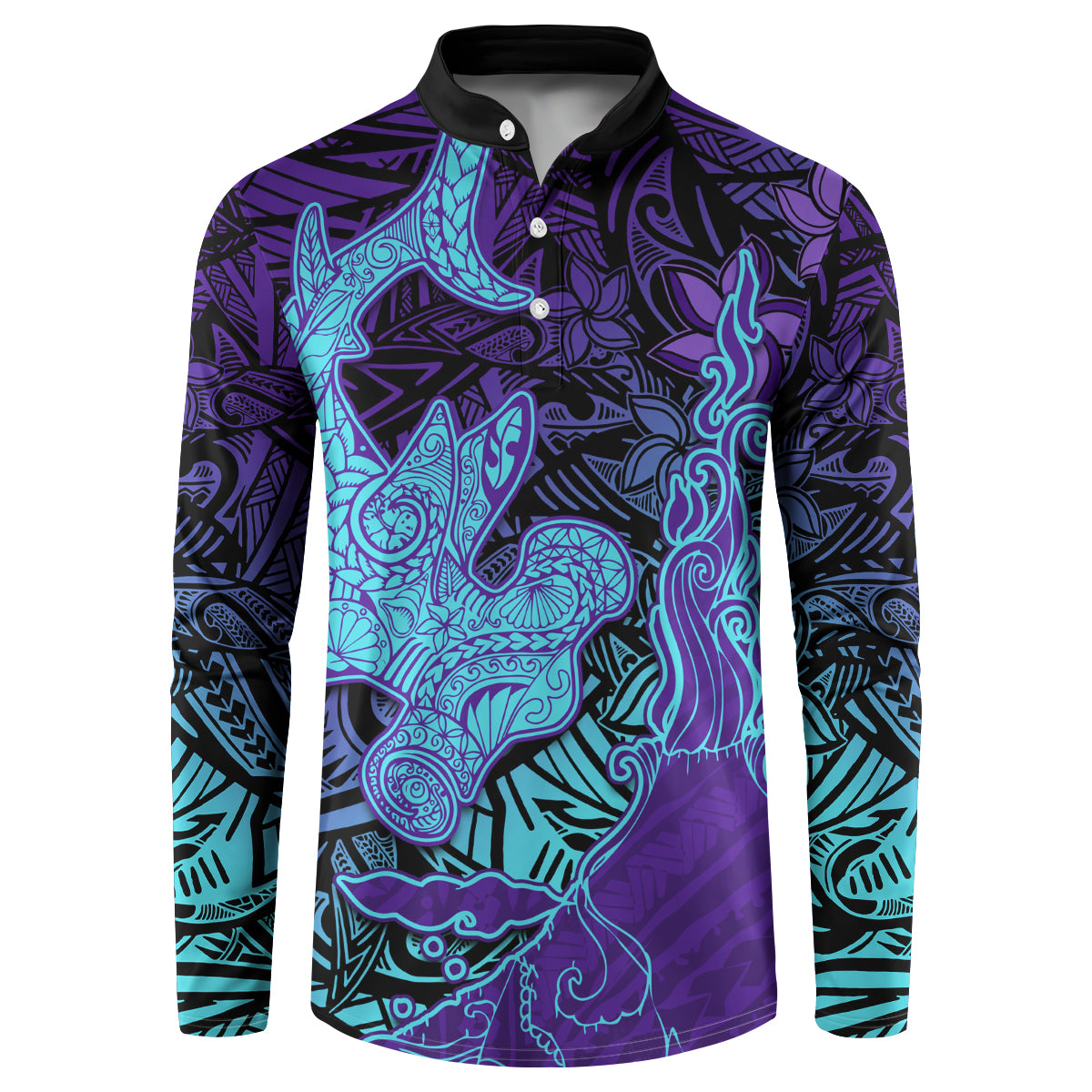 Hawaiian Volcano and Shark Button Sweatshirt Polynesian and Hibiscus Pattern Purple Cyan Gradient LT03 Purple - Polynesian Pride